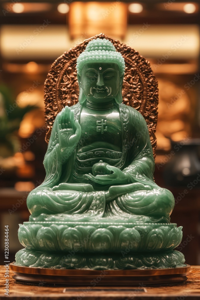 Fototapeta premium Jade Buddha statue, temple interior, serene pose, spiritual peace, Asian culture