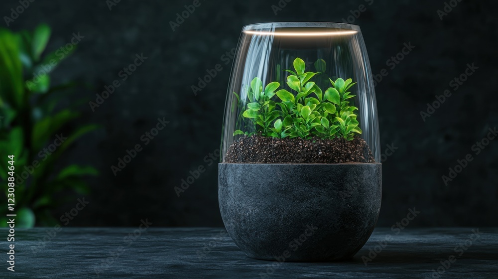 Modern glass terrarium with illuminated plant Modern glass terrarium with illuminated plant