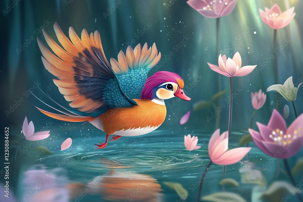 Fototapeta premium A vibrant mandarin duck with stunning plumage swimming gracefully in an ancient pond.