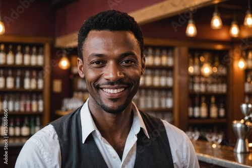 close portrait of a 40s smiling Sao Tomean male bartender against blurred bar background photo