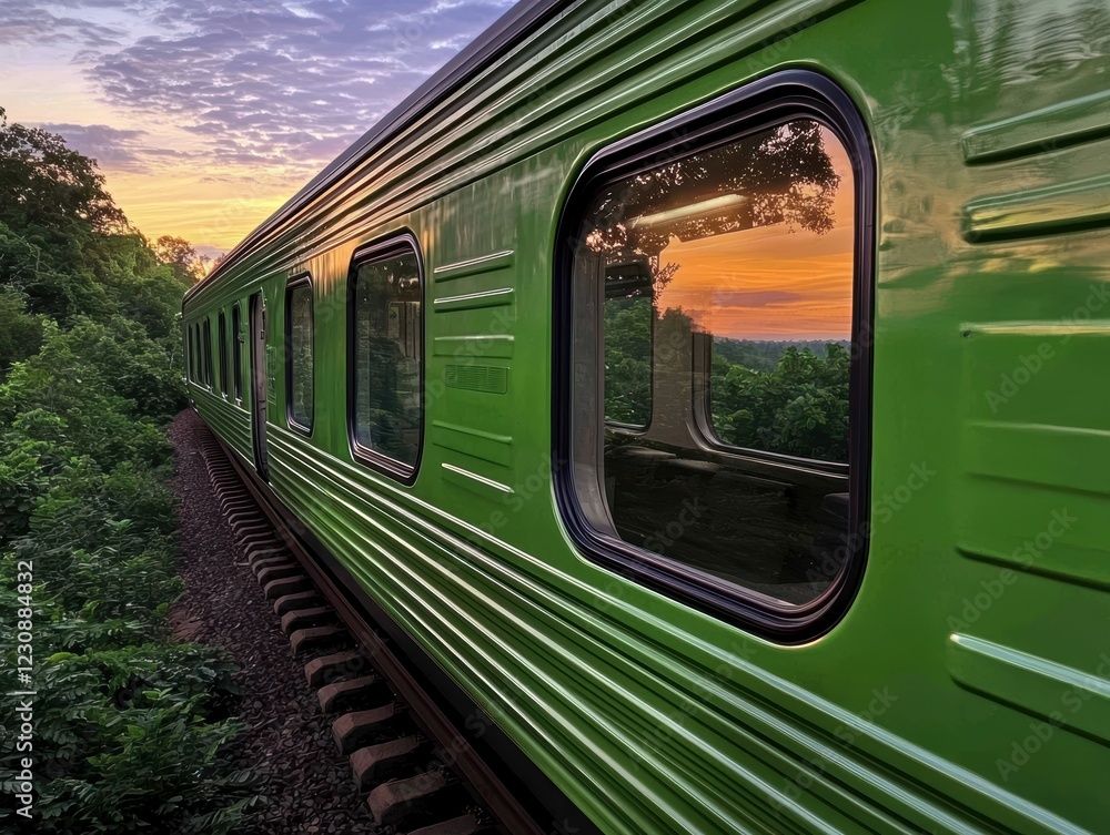Naklejka premium Sunset train journey through lush green forest