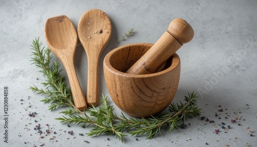 Set of Raw Kitchen Essentials with Wooden Utensils and Fresh Herbs on Light Gray Background photo