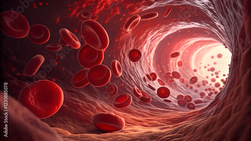 Microscopic Journey: Red blood cells flow through a vibrant and intricate artery, a captivating illustration of the body's complex and essential inner workings.