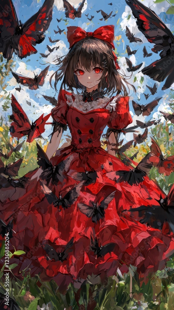 Girl in red dress amidst butterflies, nature background Girl in red dress amidst butterflies, nature background