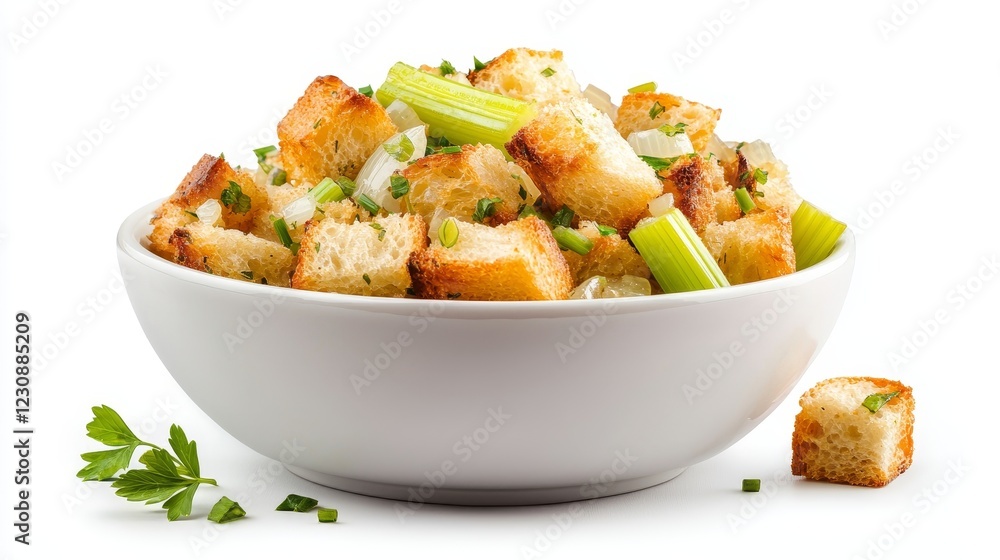 classic bread stuffing with celery and onions, side dish element, photo-realistic close-up, isolated on white background classic bread stuffing with celery and onions, side dish element, photo-realistic close-up, isolated on white background