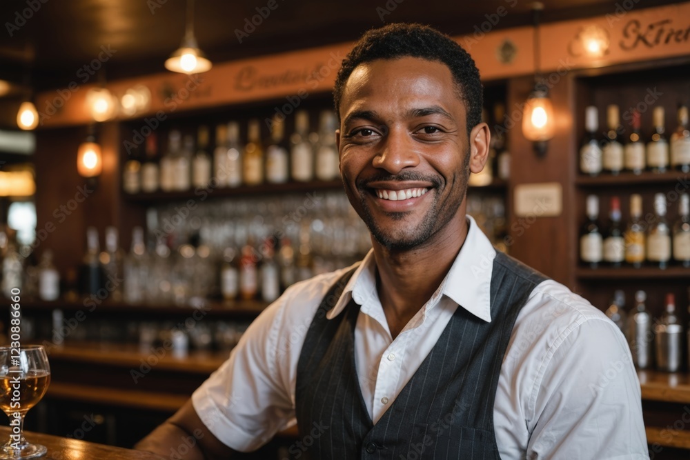 close portrait of a 40s smiling Trinidadian male bartender against blurred bar background close portrait of a 40s smiling Trinidadian male bartender against blurred bar background