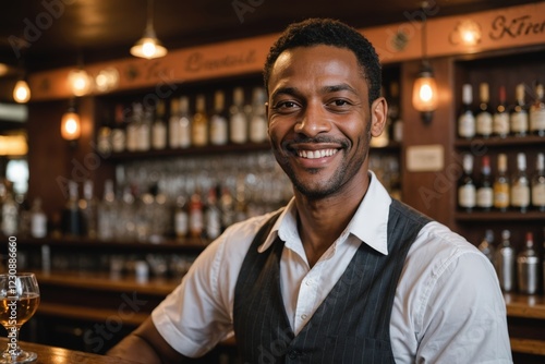 close portrait of a 40s smiling Trinidadian male bartender against blurred bar background photo