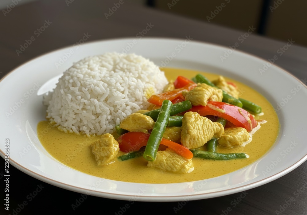 A plate of Asian food featuring chicken in yellow Thai curry sauce, accompanied by vegetables and rice A plate of Asian food featuring chicken in yellow Thai curry sauce, accompanied by vegetables and rice