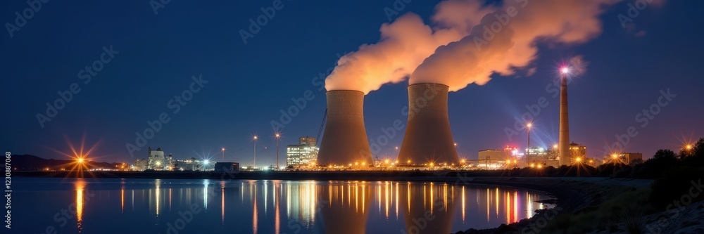 Brightly lit power plant at night, steam rising, illuminated, utility, bright Brightly lit power plant at night, steam rising, illuminated, utility, bright