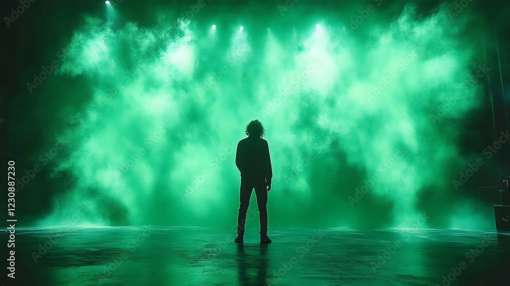 A man stands in front of a green screen with smoke and lights A man stands in front of a green screen with smoke and lights