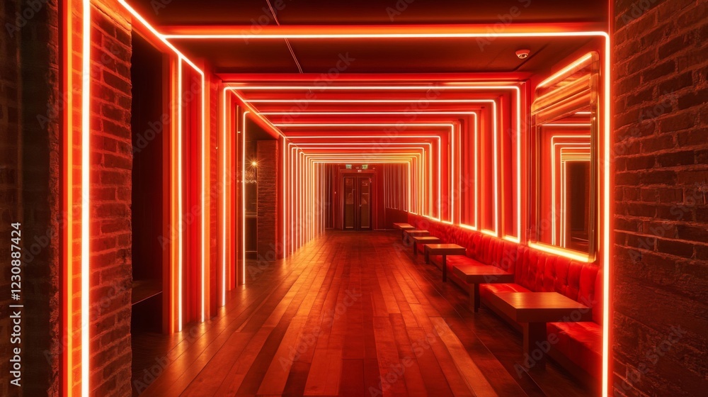 Fototapeta premium Red Neon Corridor Interior Design with Brick Walls