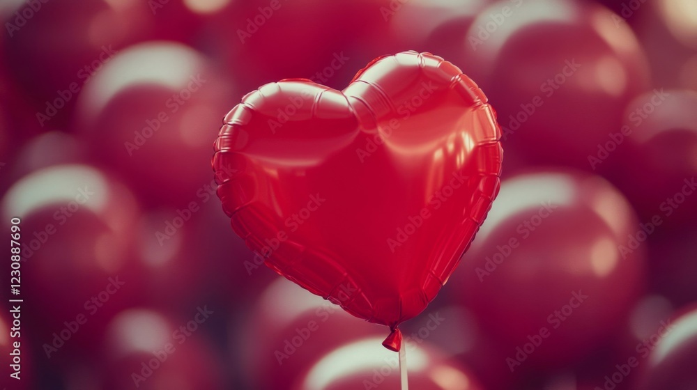 Red Heart Shaped Balloon Among Blurred Red Balloons Red Heart Shaped Balloon Among Blurred Red Balloons