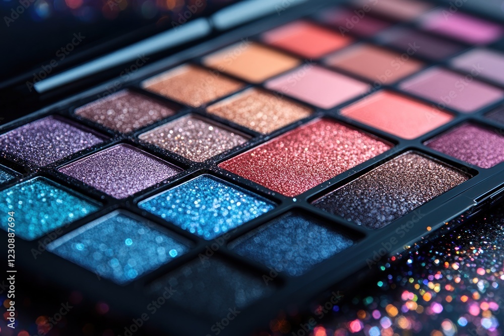 Colorful eyeshadow palette with shimmering shades on display Colorful eyeshadow palette with shimmering shades on display