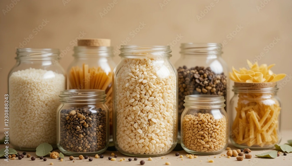 Close-Up of Glass Jars Filled with Raw Kitchen Essentials on Beige Background Close-Up of Glass Jars Filled with Raw Kitchen Essentials on Beige Background