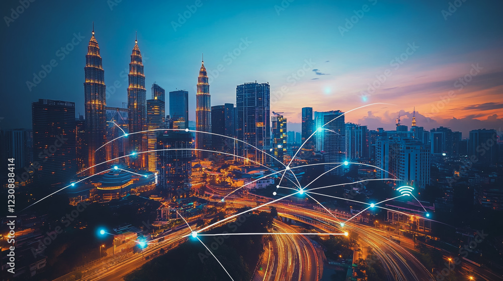 Fototapeta premium Abstract business man stands on Smart digital Innovation city with connection network reciprocity over the twilight cityscape. of future wireless digital city and social media networking systems