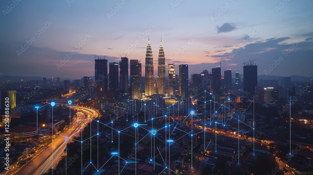Fototapeta premium Abstract business man stands on Smart digital Innovation city with connection network reciprocity over the twilight cityscape. of future wireless digital city and social media networking systems