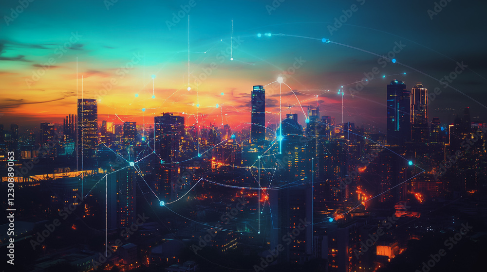 Abstract business man stands on Smart digital Innovation city with connection network reciprocity over the twilight cityscape. of future wireless digital city and social media networking systems Abstract business man stands on Smart digital Innovation city with connection network reciprocity over the twilight cityscape. of future wireless digital city and social media networking systems