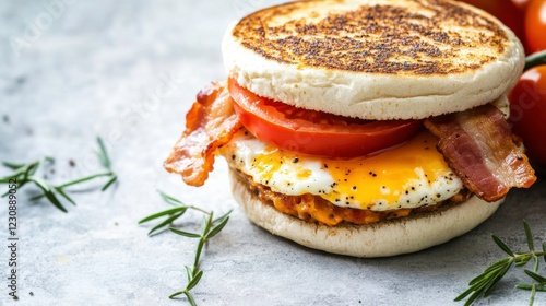 Delicious Breakfast Sandwich with Egg, Bacon, and Tomato on Table photo