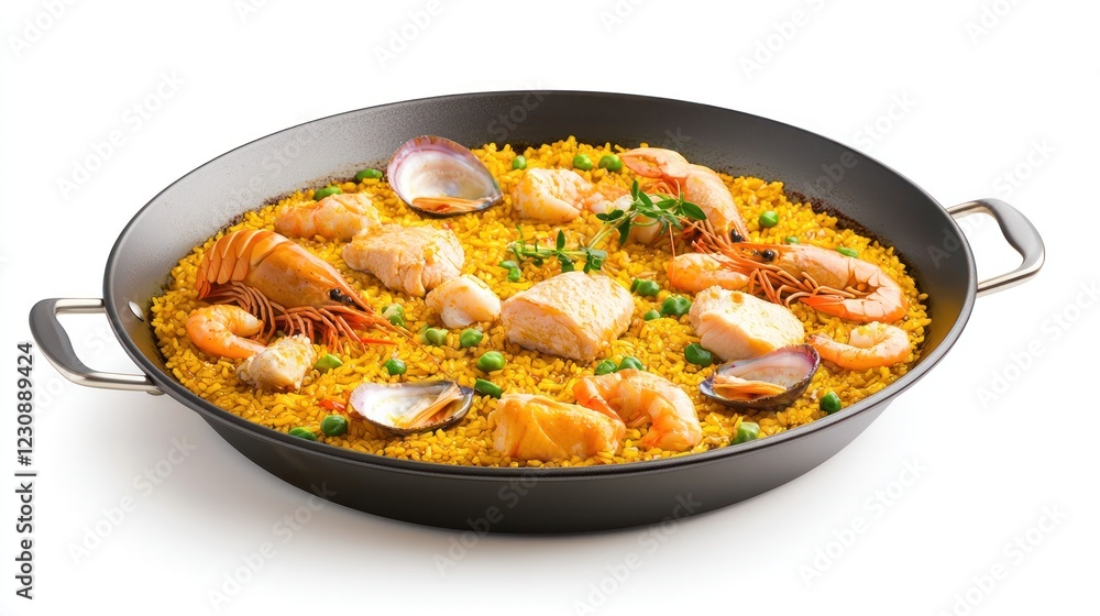 Golden Seafood Paella in a Dark Pan
