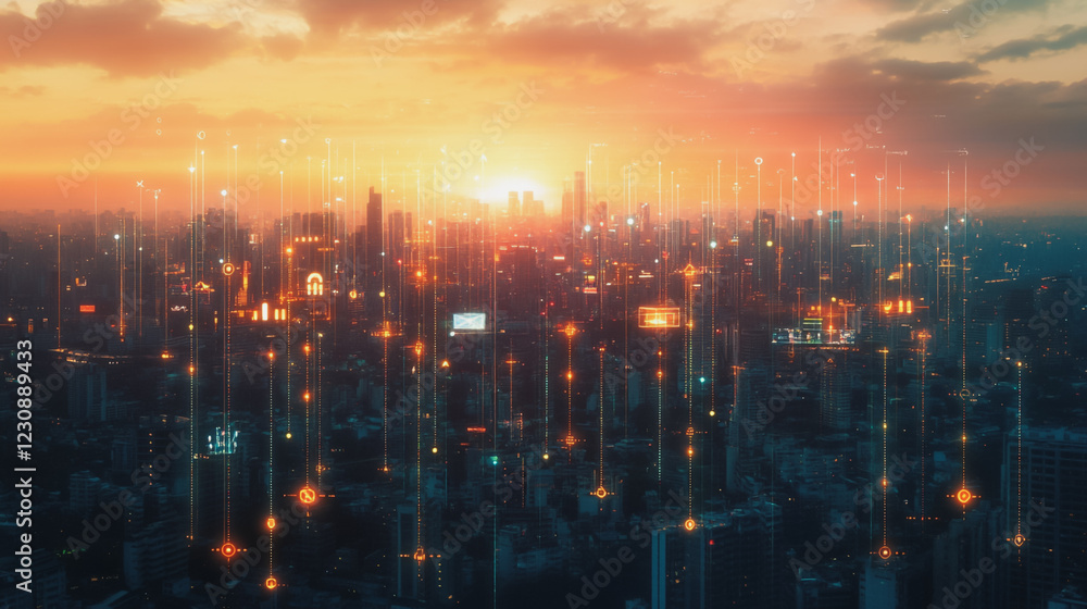 Fototapeta premium Abstract business man stands on Smart digital Innovation city with connection network reciprocity over the twilight cityscape. of future wireless digital city and social media networking systems