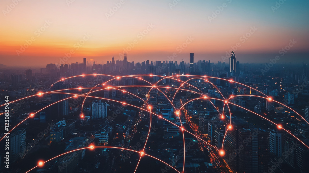 Obraz premium Abstract business man stands on Smart digital Innovation city with connection network reciprocity over the twilight cityscape. of future wireless digital city and social media networking systems