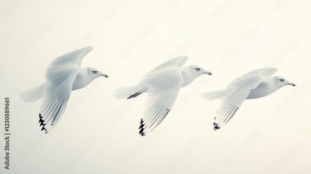 Obraz premium Minimalistic flight of seagulls isolated on a white background. Generative AI