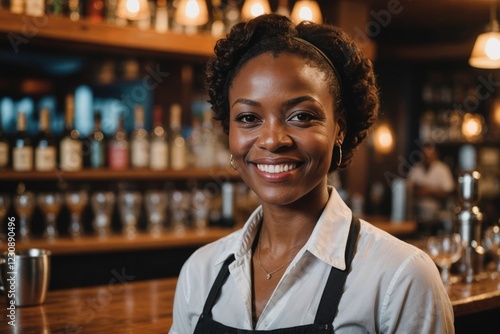 close portrait of a 40s smiling Cameroonian female bartender against blurred bar background photo