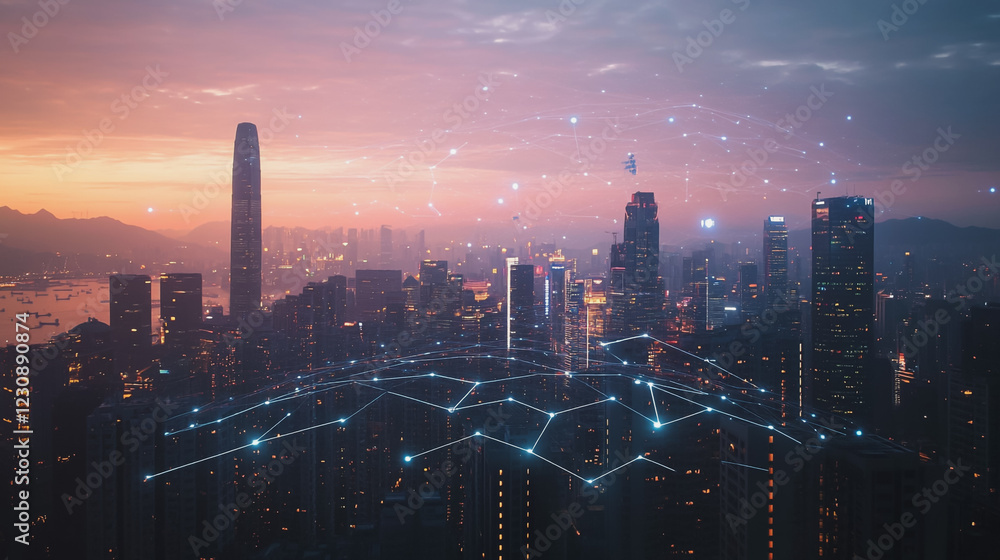 Fototapeta premium Abstract business man stands on Smart digital Innovation city with connection network reciprocity over the twilight cityscape. of future wireless digital city and social media networking systems