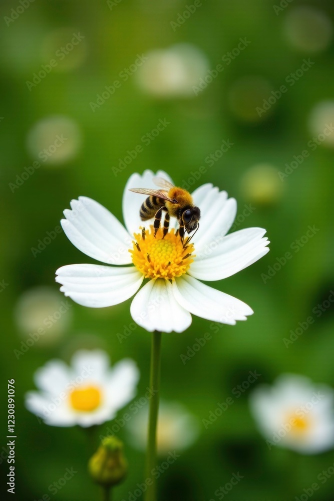 Yellow and black bee hovering above white blooms, garden, bees flowers yellow black Yellow and black bee hovering above white blooms, garden, bees flowers yellow black