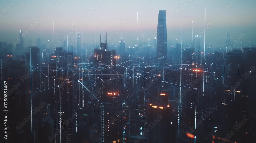Fototapeta premium Abstract business man stands on Smart digital Innovation city with connection network reciprocity over the twilight cityscape. of future wireless digital city and social media networking systems