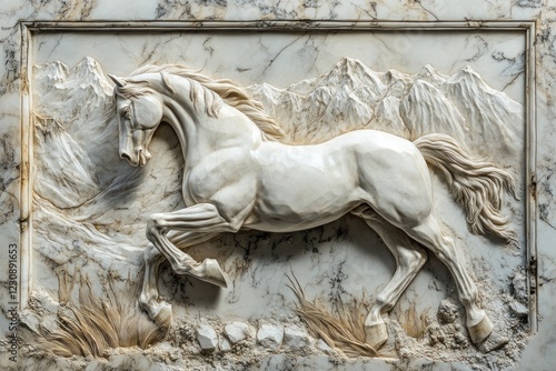 White horse marble relief carving, mountain background, home decor photo