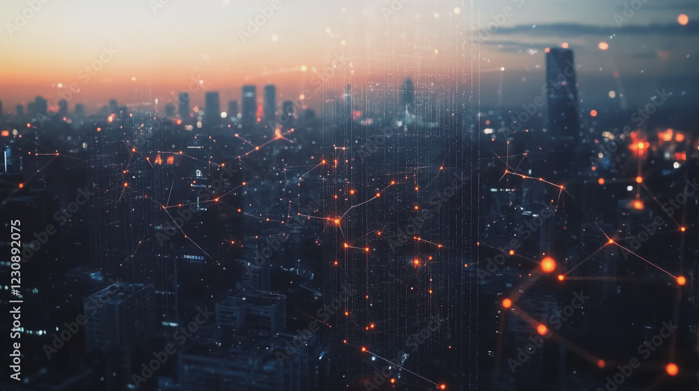 Abstract business man stands on Smart digital Innovation city with connection network reciprocity over the twilight cityscape. of future wireless digital city and social media networking systems Abstract business man stands on Smart digital Innovation city with connection network reciprocity over the twilight cityscape. of future wireless digital city and social media networking systems