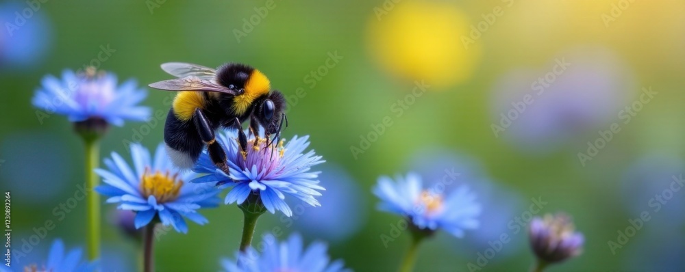 Yellow and black striped bumblebee on blue cornflowers, insects, yellow
