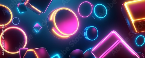 Vector artwork of dazzling 3D circles and squares with bright neon light effects for a futuristic look