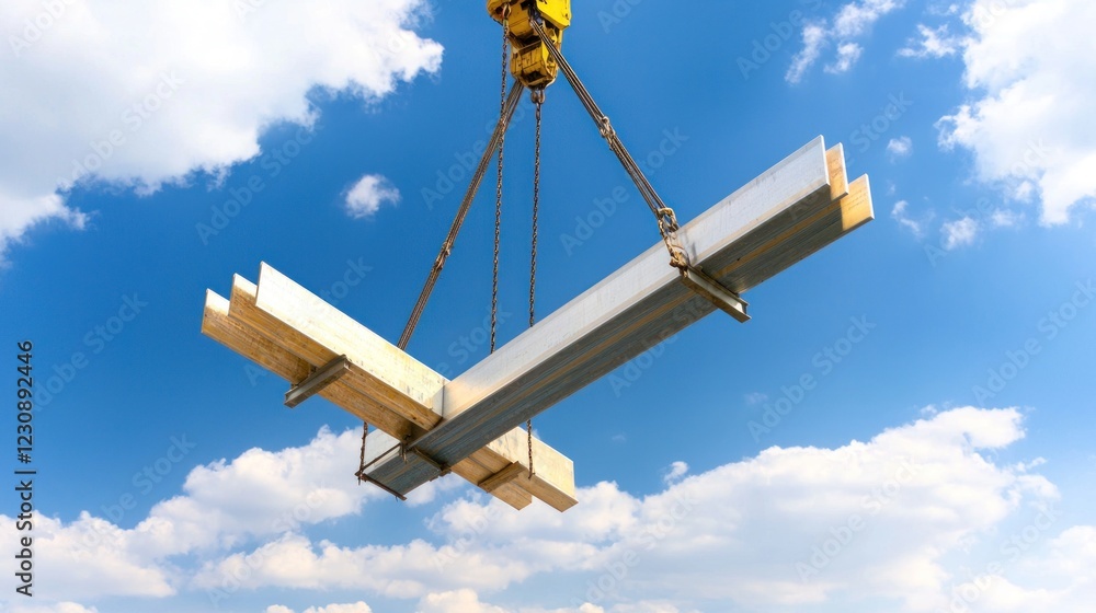 Crane Lifting Metal Beams Against Blue Sky Crane Lifting Metal Beams Against Blue Sky