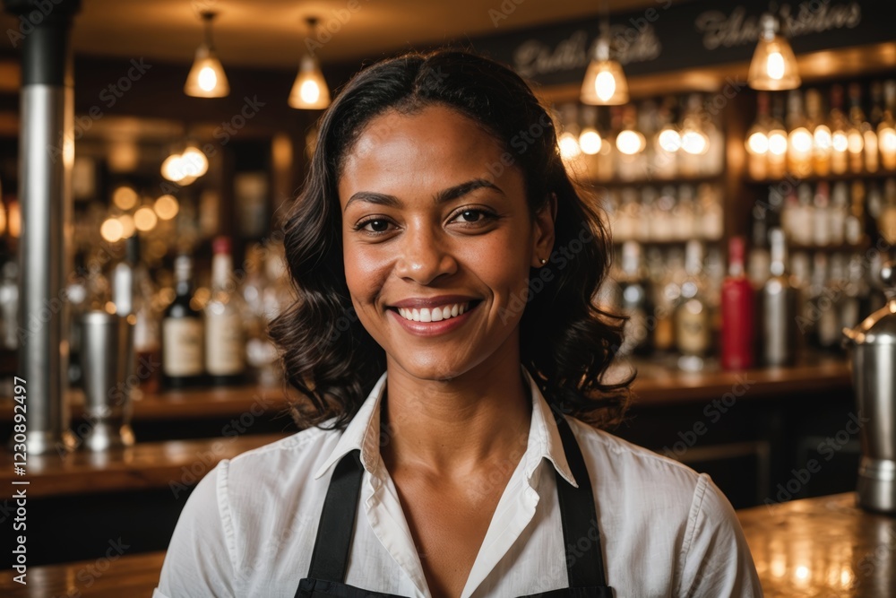 close portrait of a 40s smiling Fijian female bartender against blurred bar background close portrait of a 40s smiling Fijian female bartender against blurred bar background