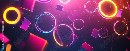 Vector artwork of dazzling 3D circles and squares with bright neon light effects for a futuristic look