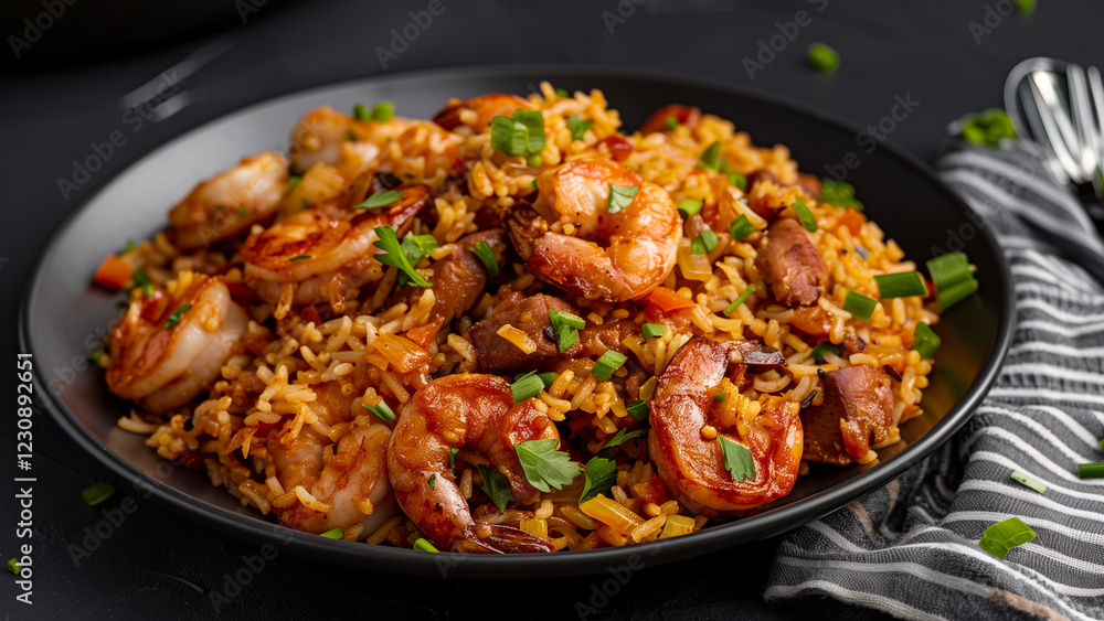 Authentic Louisiana Jambalaya on a Sleek Black Plate Authentic Louisiana Jambalaya on a Sleek Black Plate