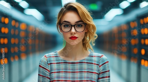 Young Woman with Glasses in Server Room Surrounded by Technology