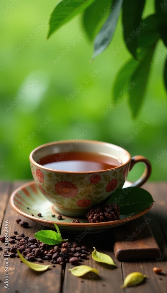 Fragrant tea, scattered leaves, rustic wood, vibrant tea fields, aroma, rustic, cup Fragrant tea, scattered leaves, rustic wood, vibrant tea fields, aroma, rustic, cup