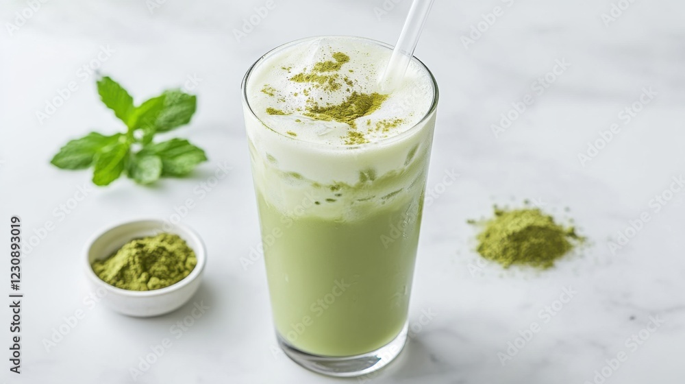 A refreshing iced matcha latte with a creamy texture and a sprinkle of matcha powder on top, served in a clear glass with a straw, Latte centered A refreshing iced matcha latte with a creamy texture and a sprinkle of matcha powder on top, served in a clear glass with a straw, Latte centered