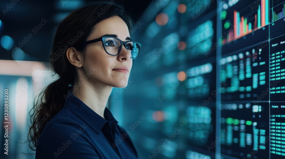 Professional Woman Analyzing Data in Modern Financial Environment Professional Woman Analyzing Data in Modern Financial Environment