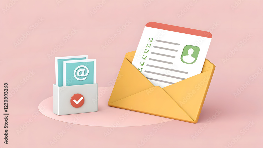 Email Contact Form: A simple yet elegant 3D illustration featuring a yellow envelope, a list, an email icon and a checklist, symbolizing communication, outreach, and form submission. Email Contact Form: A simple yet elegant 3D illustration featuring a yellow envelope, a list, an email icon and a checklist, symbolizing communication, outreach, and form submission.