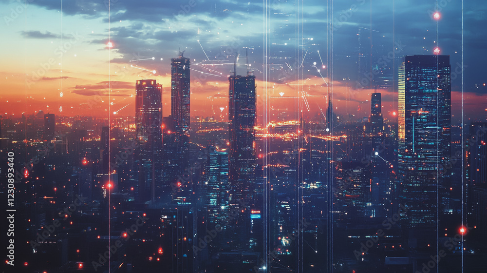 Fototapeta premium Abstract business man stands on Smart digital Innovation city with connection network reciprocity over the twilight cityscape. of future wireless digital city and social media networking systems