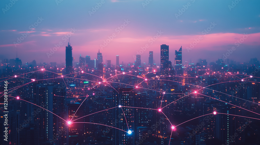 Fototapeta premium Abstract business man stands on Smart digital Innovation city with connection network reciprocity over the twilight cityscape. of future wireless digital city and social media networking systems