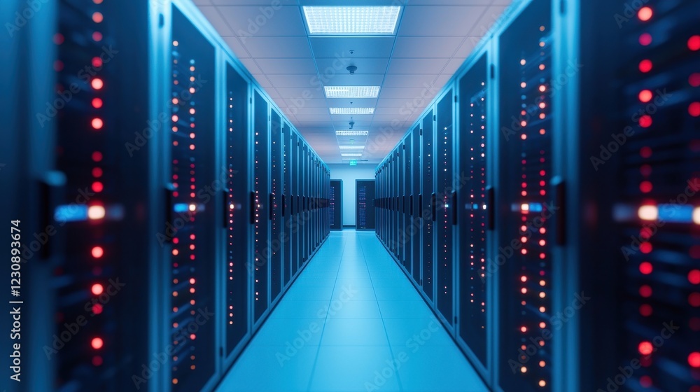 Data Center Interior with Server Racks and Illuminated Control Panels Data Center Interior with Server Racks and Illuminated Control Panels