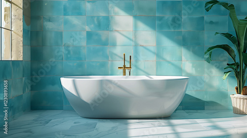 Bathtub in modern blue bathroom interior