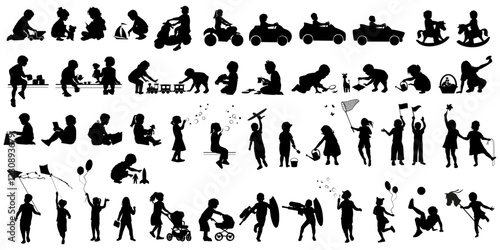 Children silhouettes set. Little boys and girls playing with toys. Vector illustration.	
