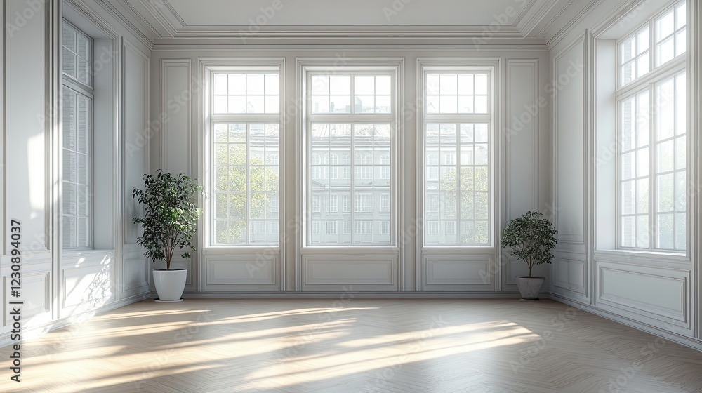 Empty white room with large windows and hardwood floor. Empty white room with large windows and hardwood floor.