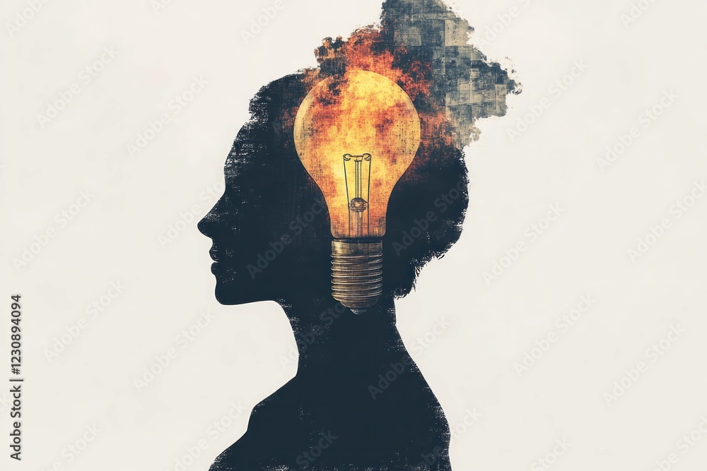 Abstract illustration of a creative woman with a lightbulb in her mind, symbolizing ideas and inspiration, showcasing a female silhouette with vibrant colors Abstract illustration of a creative woman with a lightbulb in her mind, symbolizing ideas and inspiration, showcasing a female silhouette with vibrant colors